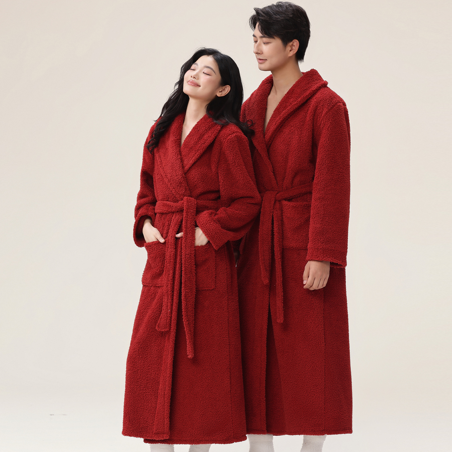New autumn and winter women's nightgown with half flannel, lengthened and thickened warm sleepwear, couple's bathrobe, coral fleece home suit set