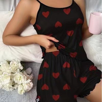 Cross border hot selling European and American summer women's pajamas two-piece set sexy casual camisole vest shorts home suit set Cross border hot selling European and American summer women's pajamas two-piece set sexy casual camisole vest shorts home suit set