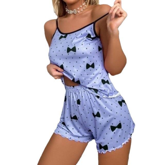 Cross border hot selling European and American summer women's pajamas two-piece set sexy casual camisole vest shorts home suit set Cross border hot selling European and American summer women's pajamas two-piece set sexy casual camisole vest shorts home suit set