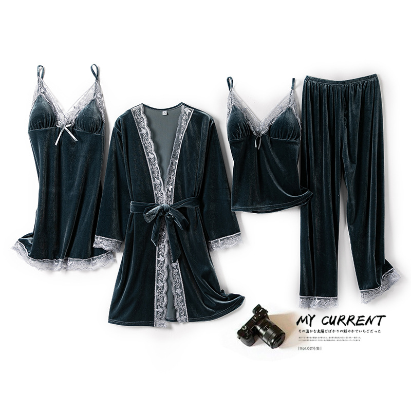 Golden Velvet Pajama Women's Autumn/Winter Four Piece Set Sexy Strap Sleeping Skirt Sleeping Robe with Chest Mat Home Clothes Set Can be worn externally