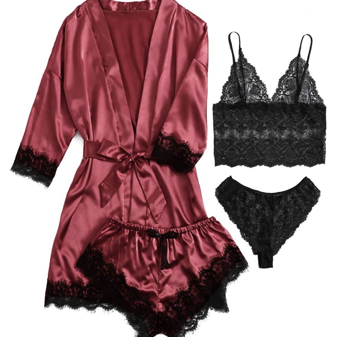 Four piece set of European and American women's pajamas, erotic lingerie, plus size, foreign trade home clothing manufacturer, Amazon new lace Four piece set of European and American women's pajamas, erotic lingerie, plus size, foreign trade home clothing manufacturer, Amazon new lace