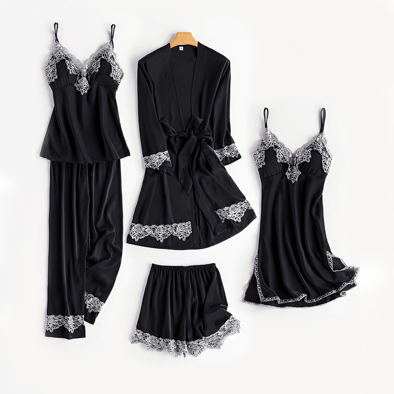 Women's Spring and Autumn Ice Silk Thin Silk Strap Sleeping Skirt Five piece Set Can be worn as an external nightgown with chest cushion Women's Nightwear