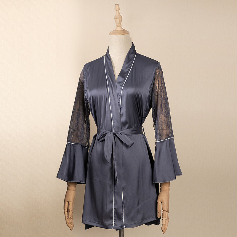 Women's spring and summer thin ice silk nightgown sexy hollow out bathrobe Korean version casual silk outer robe Spring and Autumn home wear