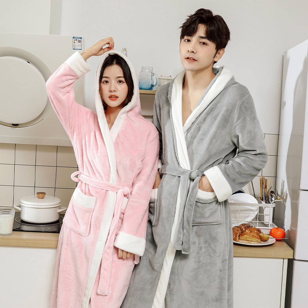Couple hooded flannel nightgown, thickened and elongated bathrobe, women's coral fleece, men's plush pajamas, winter robe Couple hooded flannel nightgown, thickened and elongated bathrobe, women's coral fleece, men's plush pajamas, winter robe