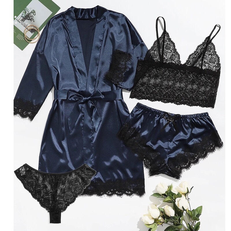 Four piece set of European and American women's pajamas, erotic lingerie, plus size, foreign trade home clothing manufacturer, Amazon new lace Four piece set of European and American women's pajamas, erotic lingerie, plus size, foreign trade home clothing manufacturer, Amazon new lace