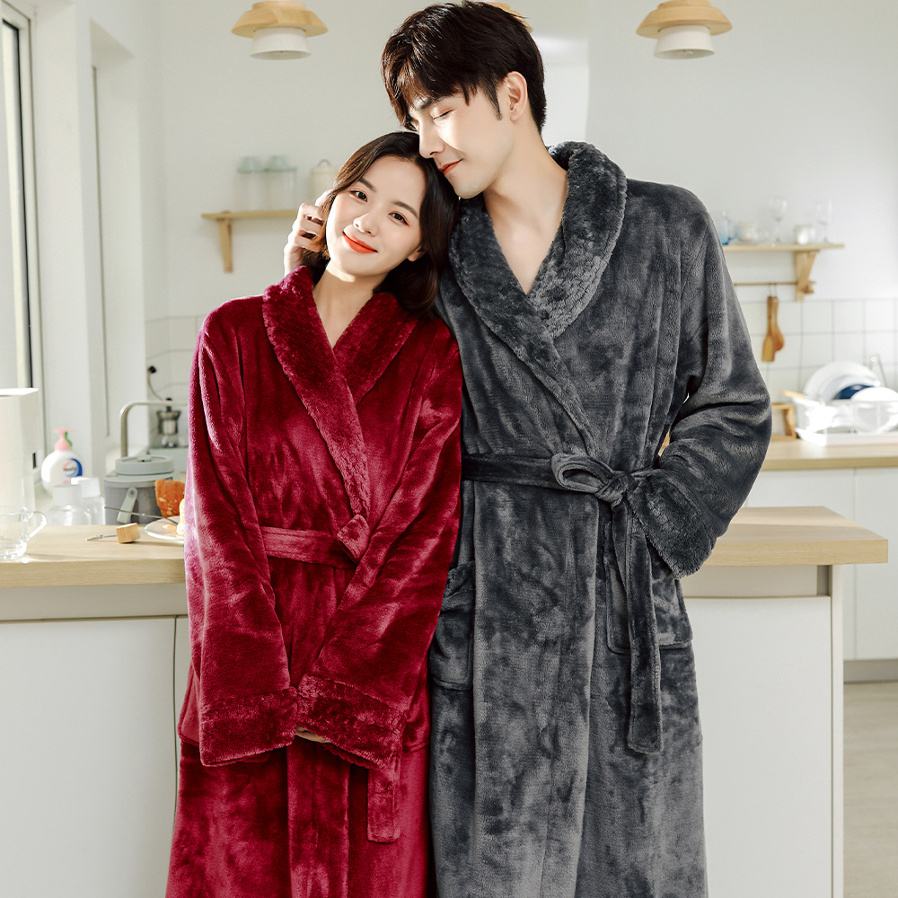 Factory special price couple flannel nightgown, winter thick warm home clothes, men's and women's bathrobes, long coral fleece pajamas