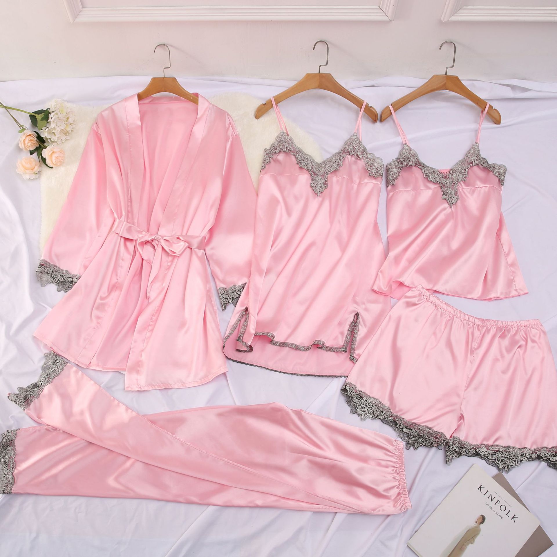 Cross border source of imitation silk sleepwear, erotic lingerie, five piece set with suspenders, sexy women's home wear, European and American sleepwear