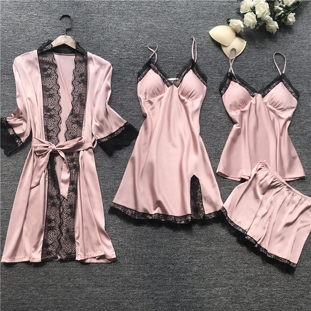 Cross border sleepwear, women's sexy sleepwear, 4-piece set, Korean version, camisole sleepwear, women's home wear with chest cushion, nightgown 2103 Cross border sleepwear, women's sexy sleepwear, 4-piece set, Korean version, camisole sleepwear, women's home wear with chest cushion, nightgown 2103