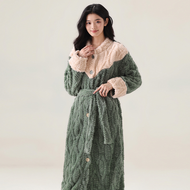 Autumn and Winter Comfortable Cotton Robe Women's Thick Warm Home Clothing Set