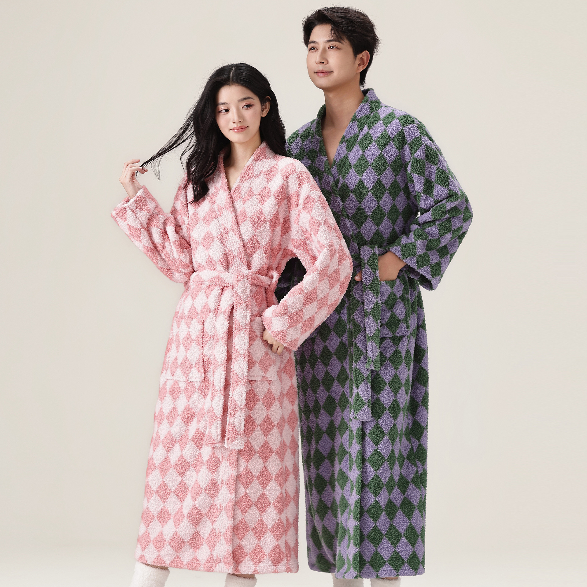 2025 New Women's Sleeping Robe Winter Long Edition with Thickened Half Velvet Couple Bathrobe Coral Velvet Home Clothes
