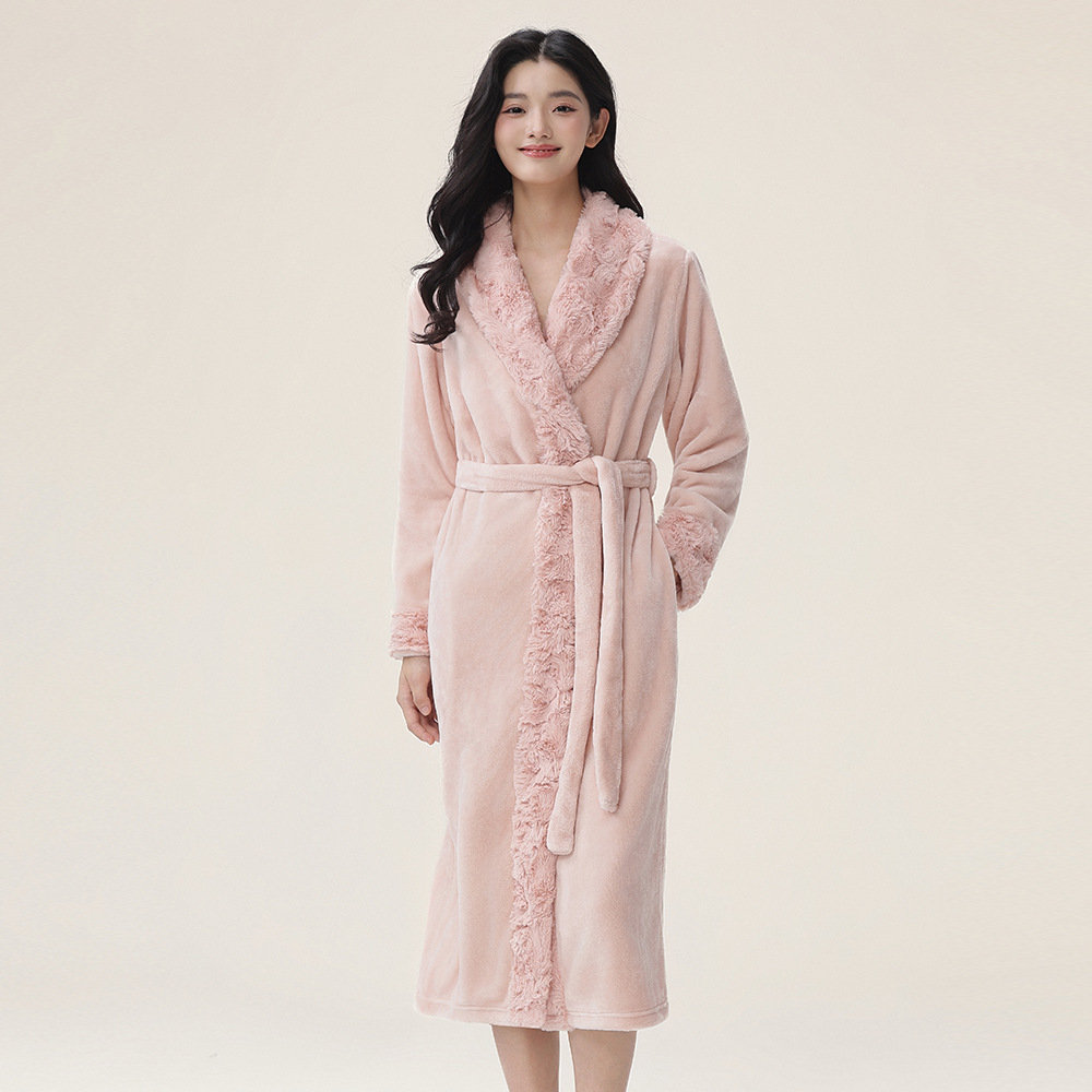 Xiaohongshu's same autumn and winter women's nightgown with thick velvet bathrobe, high-end light luxury flannel home clothing factory direct sales