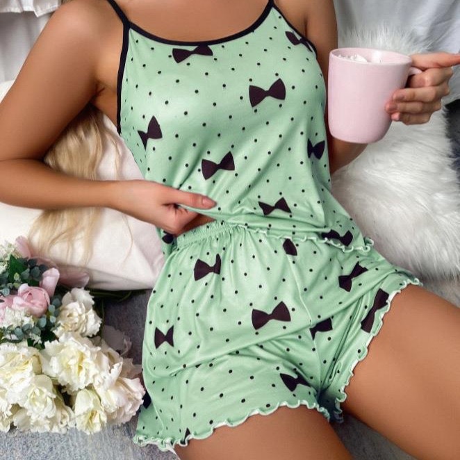 Cross border hot selling European and American summer women's pajamas two-piece set sexy casual camisole vest shorts home suit set Cross border hot selling European and American summer women's pajamas two-piece set sexy casual camisole vest shorts home suit set