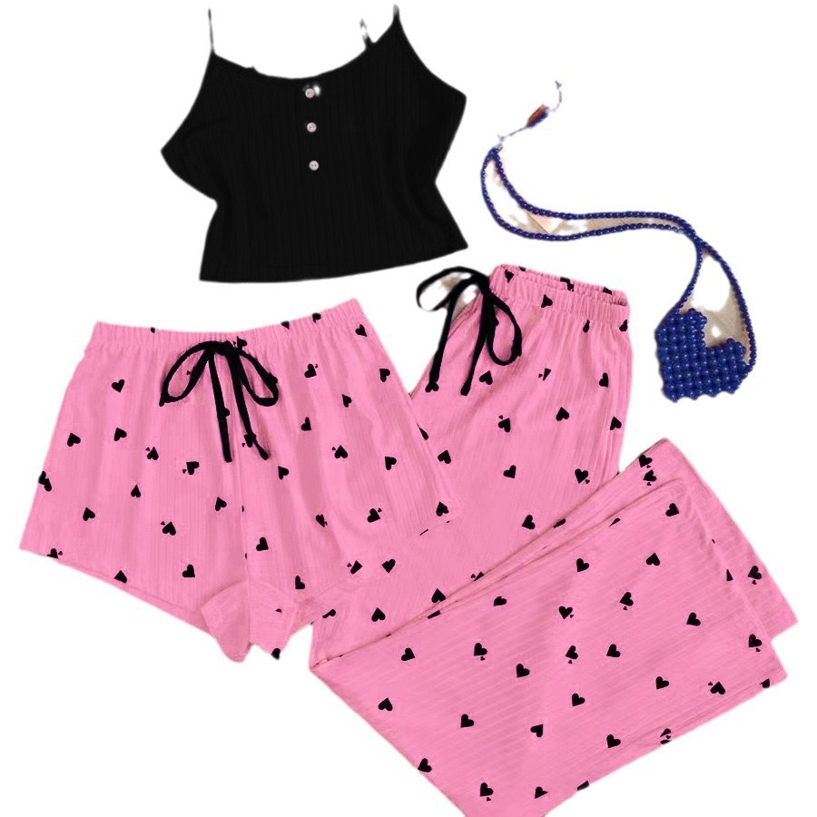 Women's love pajamas, sweet and cute three piece set for spring and summer, high-end suspender shorts set, sexy home girl Women's love pajamas, sweet and cute three piece set for spring and summer, high-end suspender shorts set, sexy home girl