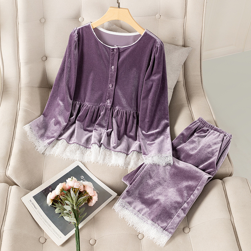 Golden Velvet Sleepwear Women's Autumn/Winter Long Sleeve Long Pants Two Piece Set Autumn/Winter Internet Celebrity Round Neck Cardigan Home Clothes Can be worn externally