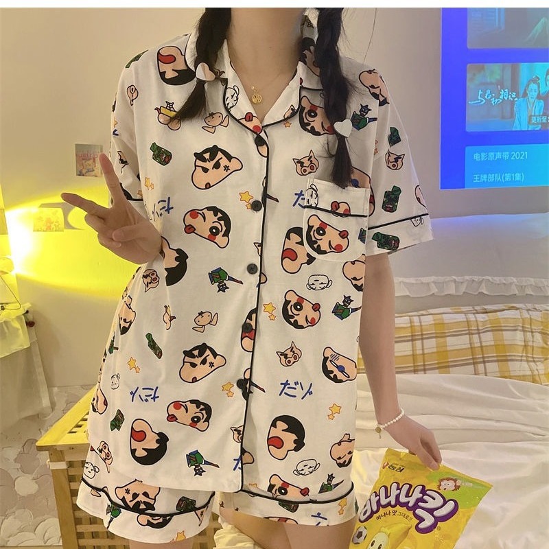 Japanese Cartoon Full Print Crayon Shin chan Same Style Pajama Women's Short Sleeve Summer Milk Silk Live Loose Home Clothes Spring