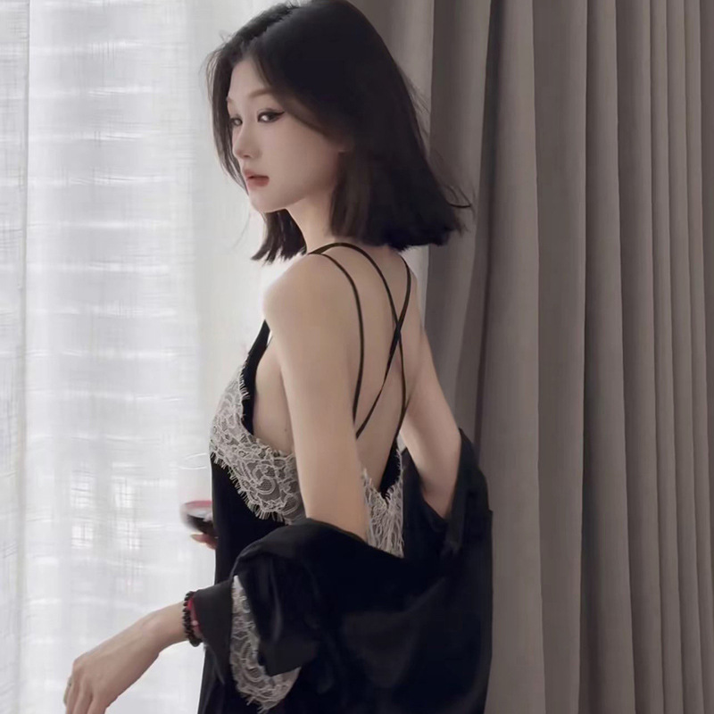 2025 Autumn/Winter Golden Velvet Pajama Women's Medium Long Robe Sexy Lace Ribbon Chest Mat Beautiful Back Sleeping Skirt Set