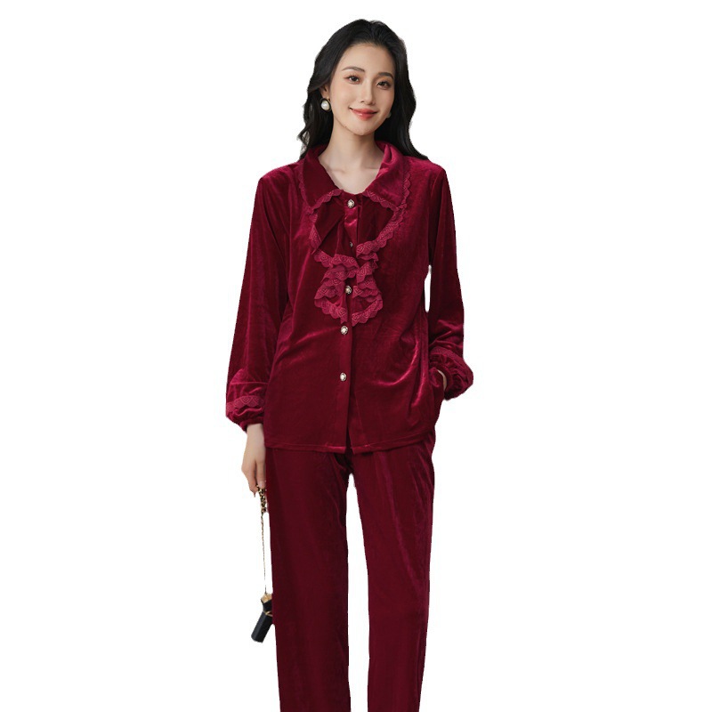 Golden Velvet Pajama Women's Winter New High End Long Sleeve Large Size Set Spring and Autumn French Light Luxury Retro Home Clothing Golden Velvet Pajama Women's Winter New High End Long Sleeve Large Size Set Spring and Autumn French Light Luxury Retro Home Clothing