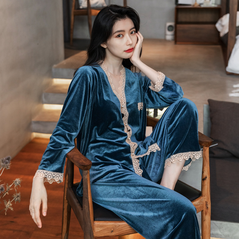 2025 New Product: Golden Velvet Pajamas, Women's Autumn and Winter Long Sleeve Cardigan Set, Internet Celebrity Live Streaming, Sexy Lace Home Clothes