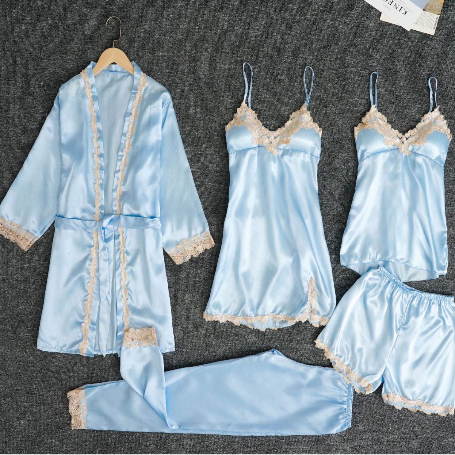 Cross border new sleepwear with chest cushion, silk sexy suspender, gold flower five piece set, sleepwear, thin home clothes for foreign trade Cross border new sleepwear with chest cushion, silk sexy suspender, gold flower five piece set, sleepwear, thin home clothes for foreign trade