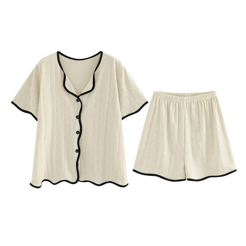 Korean version of simple short sleeved shorts sleepwear for women, loose and simple wave jacquard cotton, summer loose and can be worn as outerwear Korean version of simple short sleeved shorts sleepwear for women, loose and simple wave jacquard cotton, summer loose and can be worn as outerwear