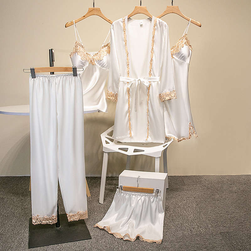 Cross border new sleepwear with chest cushion, silk sexy suspender, gold flower five piece set, sleepwear, thin home clothes for foreign trade Cross border new sleepwear with chest cushion, silk sexy suspender, gold flower five piece set, sleepwear, thin home clothes for foreign trade