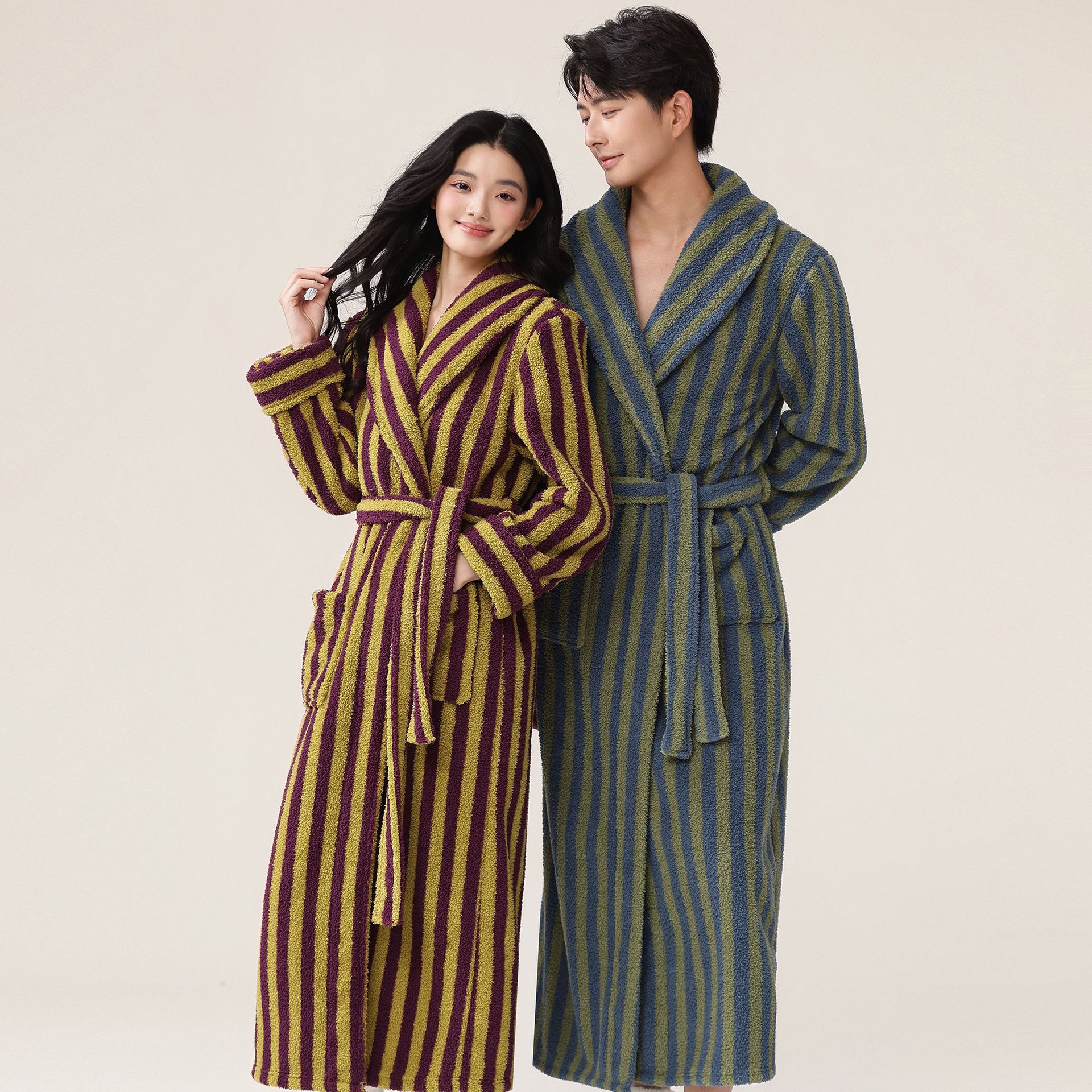 2025 new stock autumn and winter women's sleepwear, rice grain velvet thickened warm nightgown, couple coral velvet bathrobe