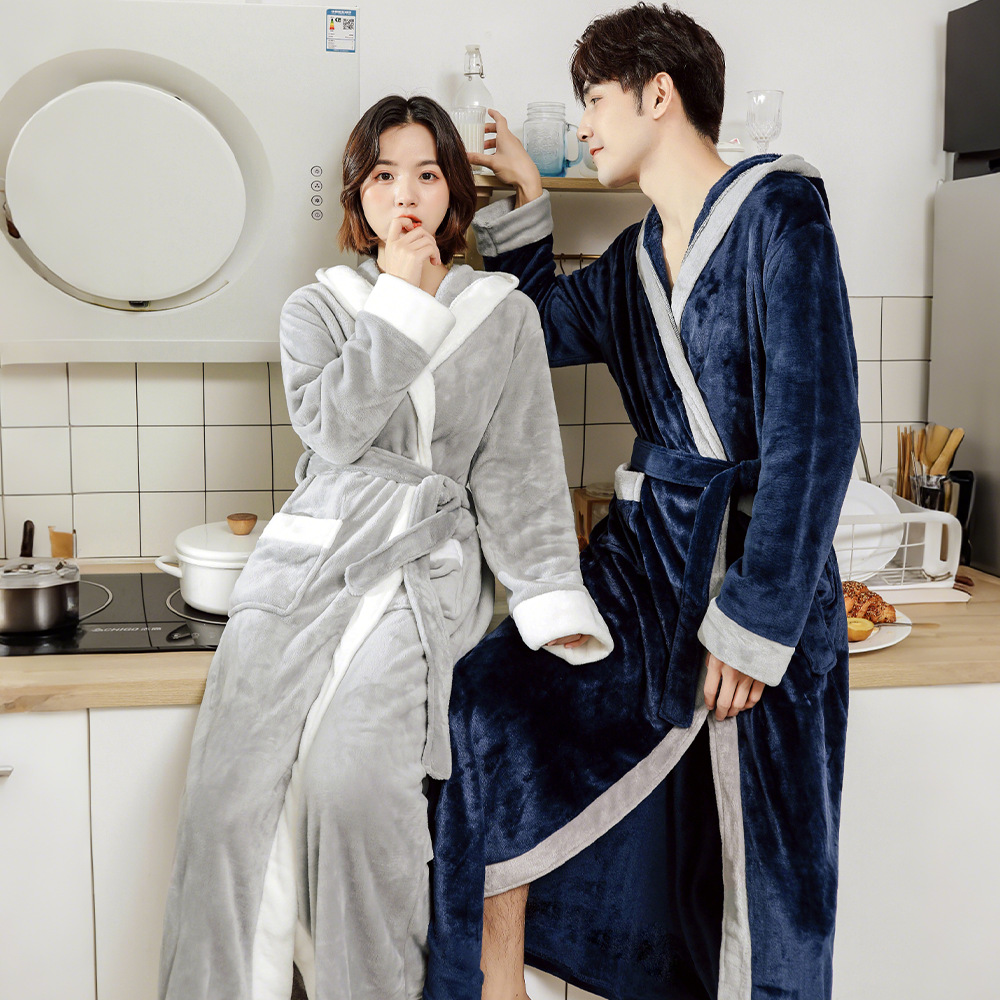Couple hooded flannel nightgown, thickened and elongated bathrobe, women's coral fleece, men's plush pajamas, winter robe Couple hooded flannel nightgown, thickened and elongated bathrobe, women's coral fleece, men's plush pajamas, winter robe