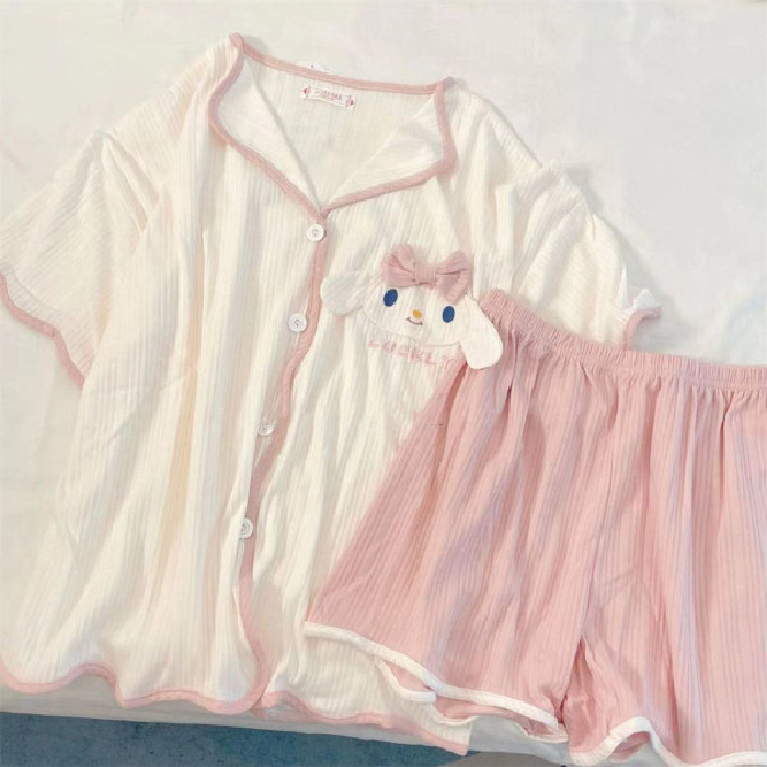 Cross border pajama women's summer short sleeved shorts, jade Guigou embroidered bow, cute girl's loose home suit set