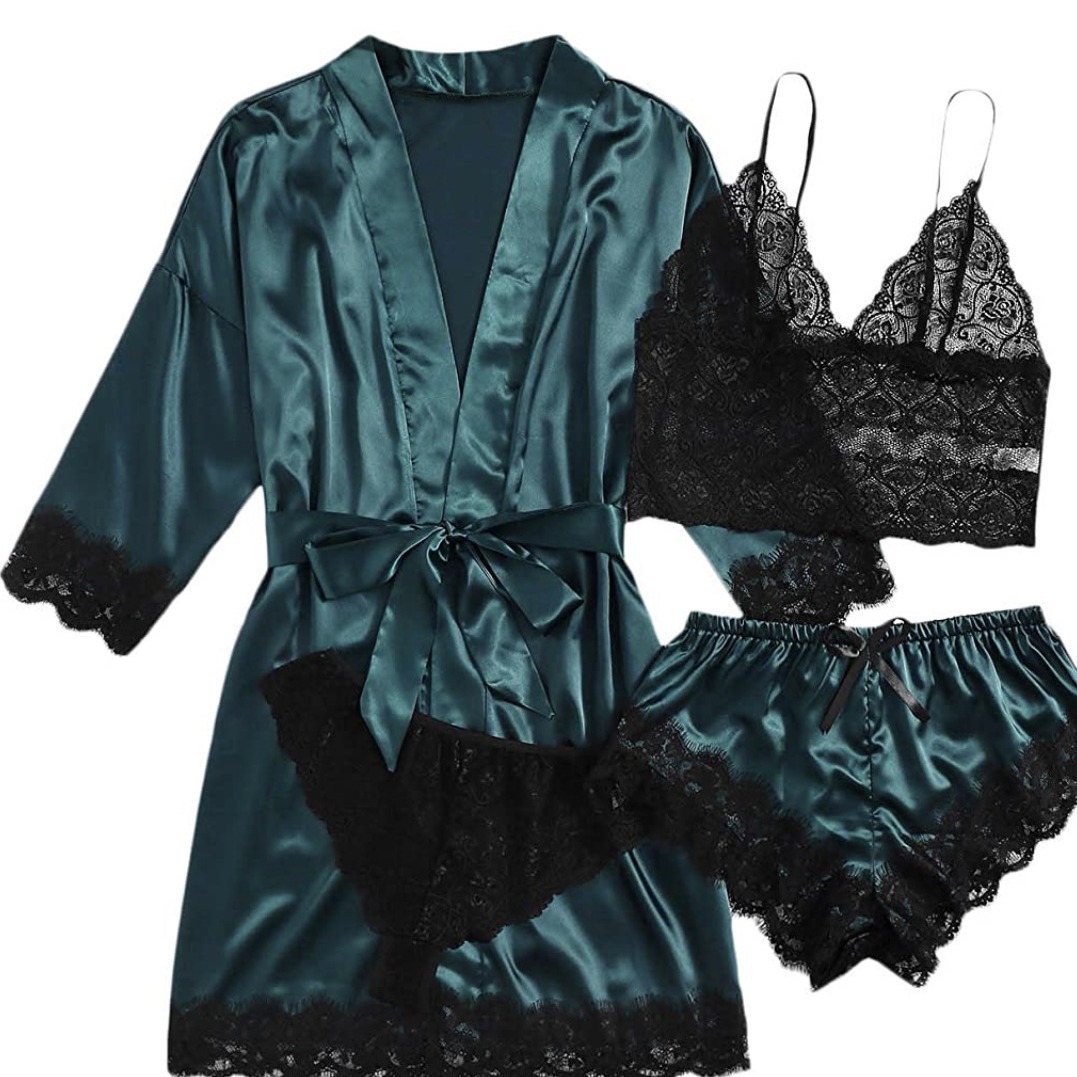 Four piece set of European and American women's pajamas, erotic lingerie, plus size, foreign trade home clothing manufacturer, Amazon new lace Four piece set of European and American women's pajamas, erotic lingerie, plus size, foreign trade home clothing manufacturer, Amazon new lace