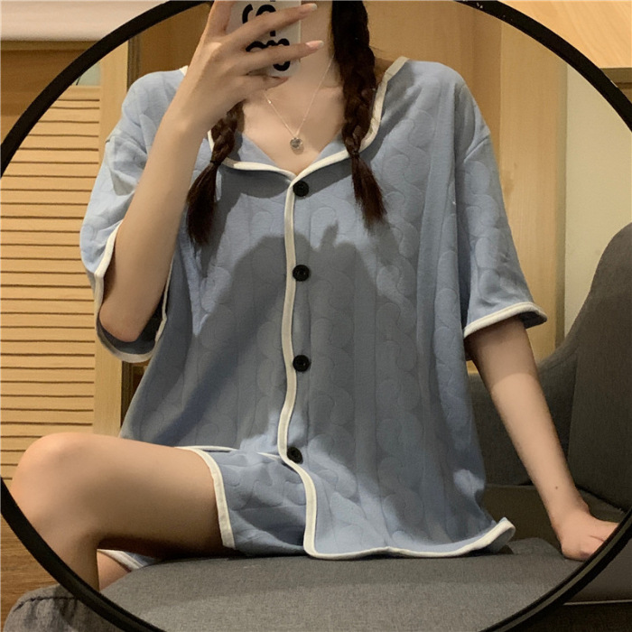 Korean version of simple short sleeved shorts sleepwear for women, loose and simple wave jacquard cotton, summer loose and can be worn as outerwear Korean version of simple short sleeved shorts sleepwear for women, loose and simple wave jacquard cotton, summer loose and can be worn as outerwear