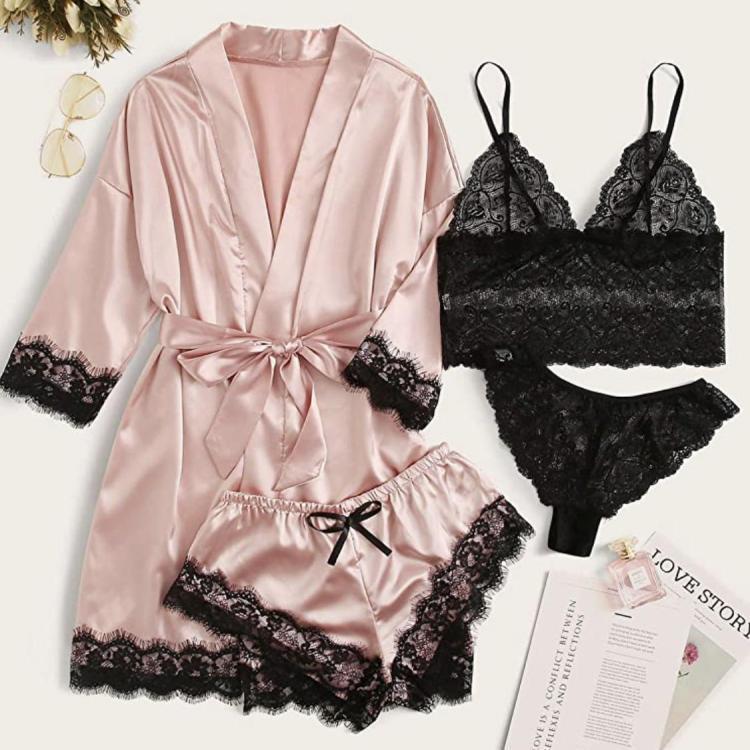 Four piece set of European and American women's pajamas, erotic lingerie, plus size, foreign trade home clothing manufacturer, Amazon new lace Four piece set of European and American women's pajamas, erotic lingerie, plus size, foreign trade home clothing manufacturer, Amazon new lace