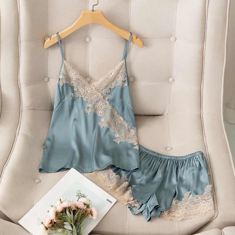 Women's spring and summer sleepwear, thin ice silk suspender shorts two-piece set, 2022 internet famous pure desire style vest set