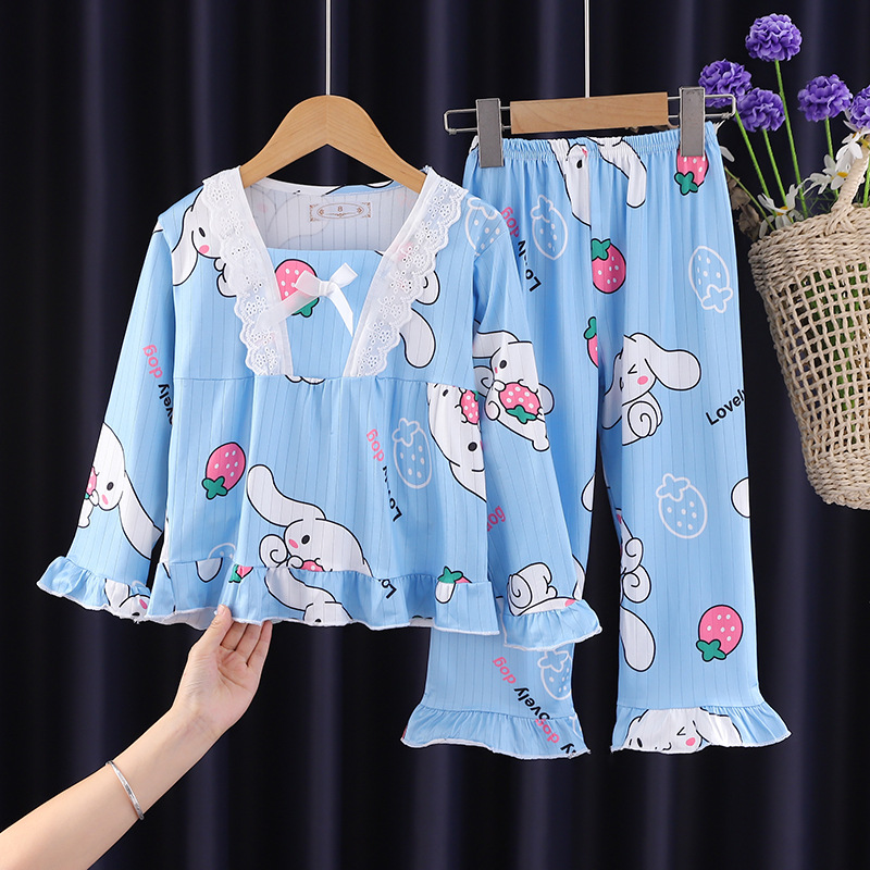 Southeast Asian Children's Pajamas, Spring and Autumn Cartoon, Sweet Long sleeved Pants, Medium sized Children's and Girls' Square Collar Home Clothes Set