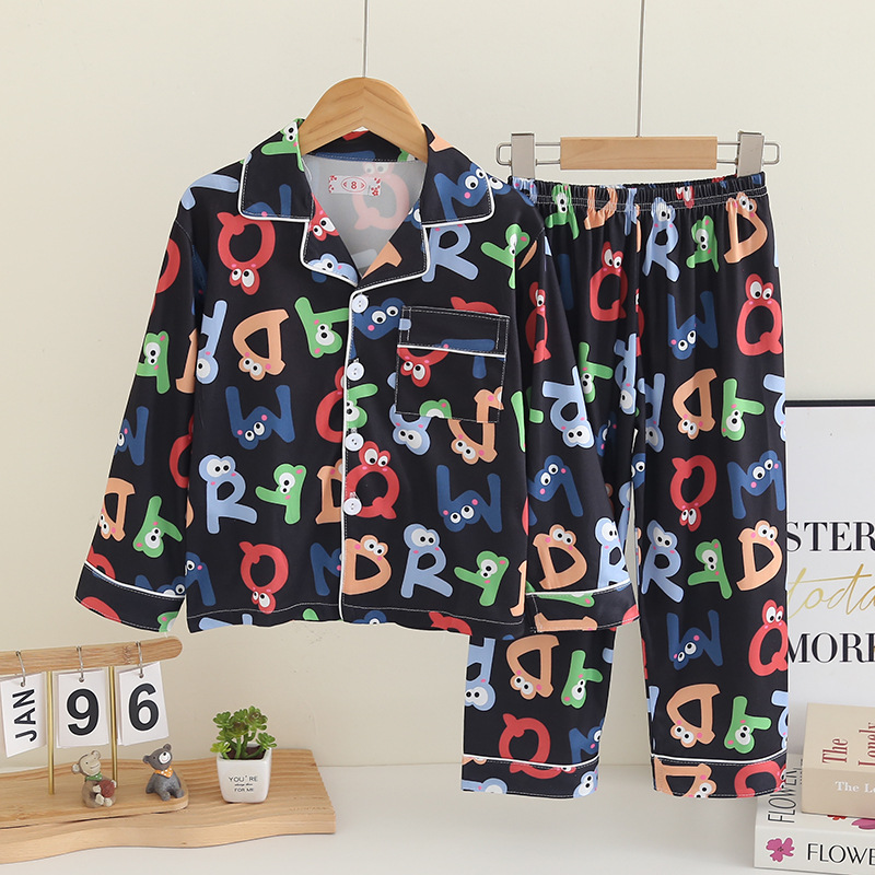 Wholesale children's pajamas, spring and autumn, boys' long sleeved pants, small eight sets, girls' cartoon collar cardigans, home clothes