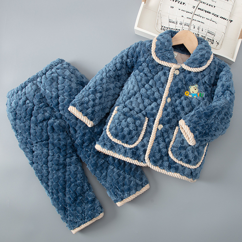 Autumn and winter children's flannel pajamas for boys, girls, and babies, coral fleece three-layer cotton padded thickened home suit set