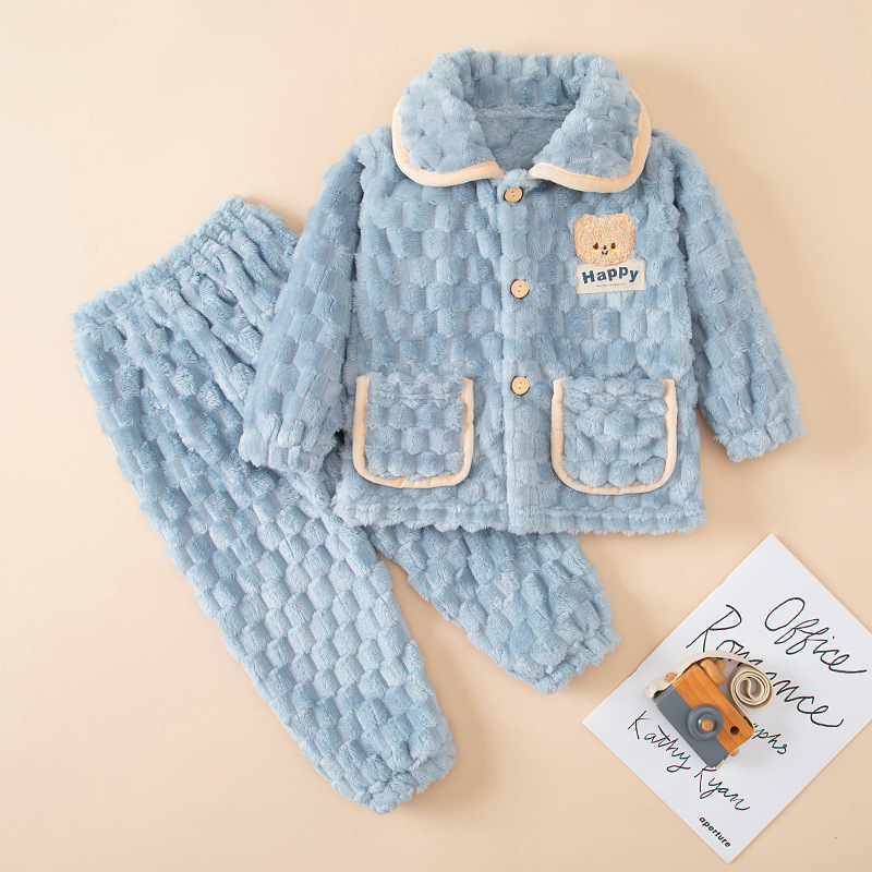 Autumn and winter children's flannel pajamas, boys and girls' thick coral fleece, girls' baby home clothes, parent-child set