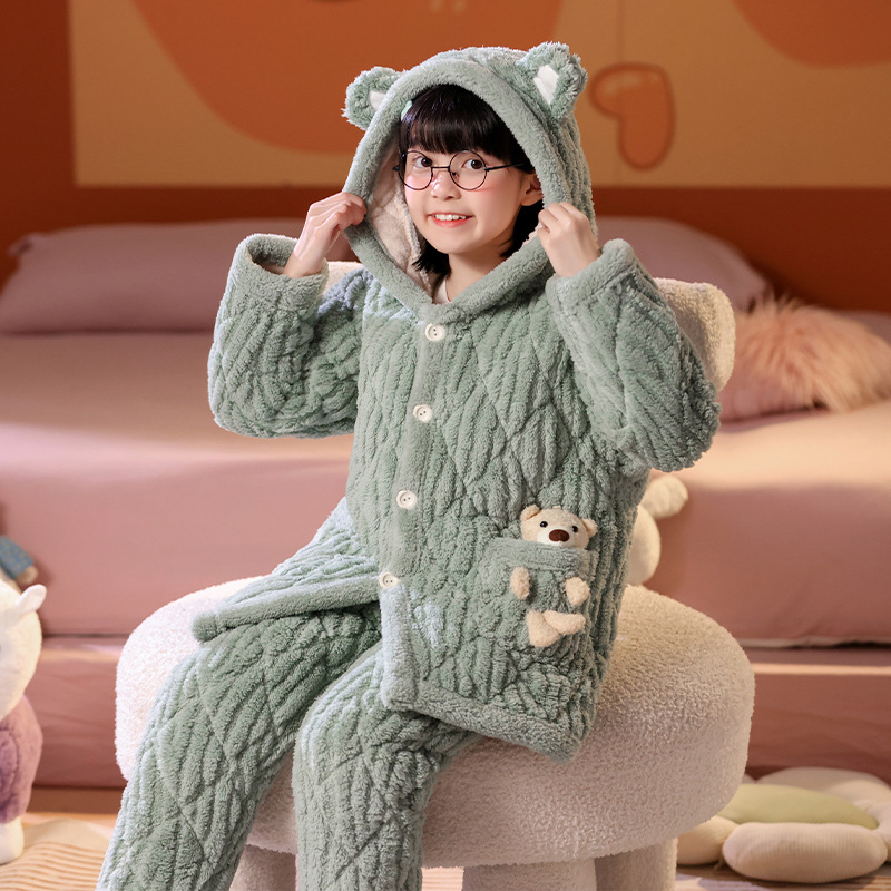 Winter children's three-layer cotton padded thick pajamas, girls' warm and plush baby boys' flannel home suit set