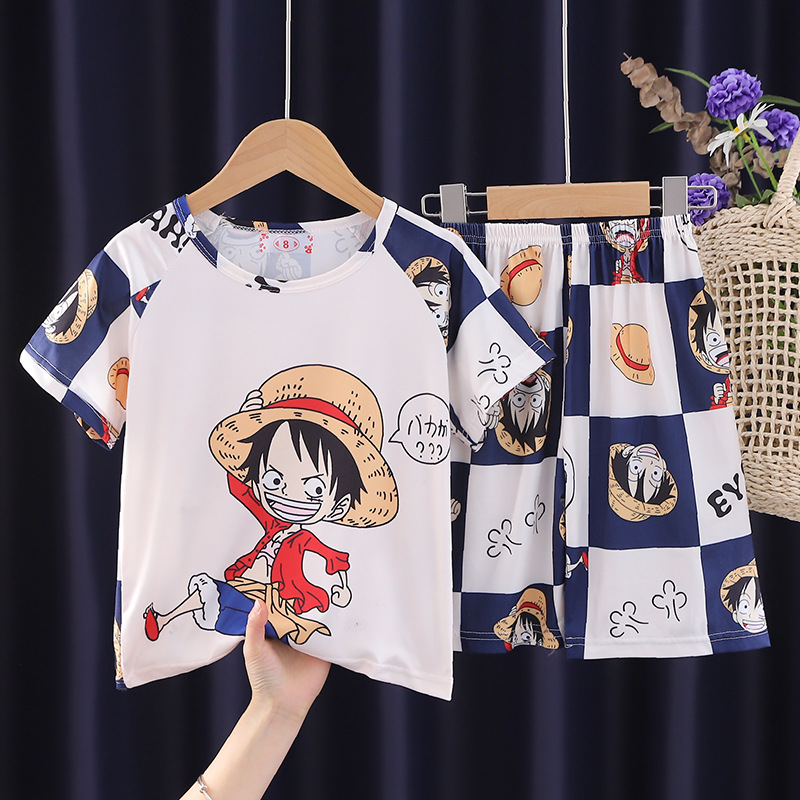 Cross border wholesale children's sleepwear summer short sleeved home clothes for boys and girls, cartoon One Piece set