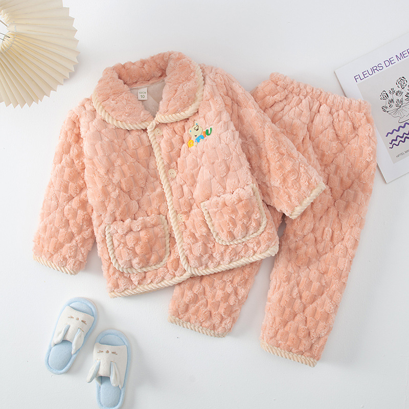 Winter children's three-layer cotton and plush thick warm sleepwear set for boys, girls, and babies, flannel home clothes