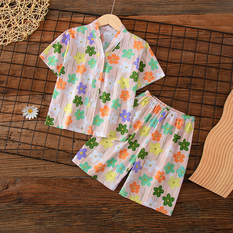 Summer children's short sleeved pajamas, cotton silk ice silk set for boys, girls and adults, cardigan, cotton silk air conditioning home clothes, thin design