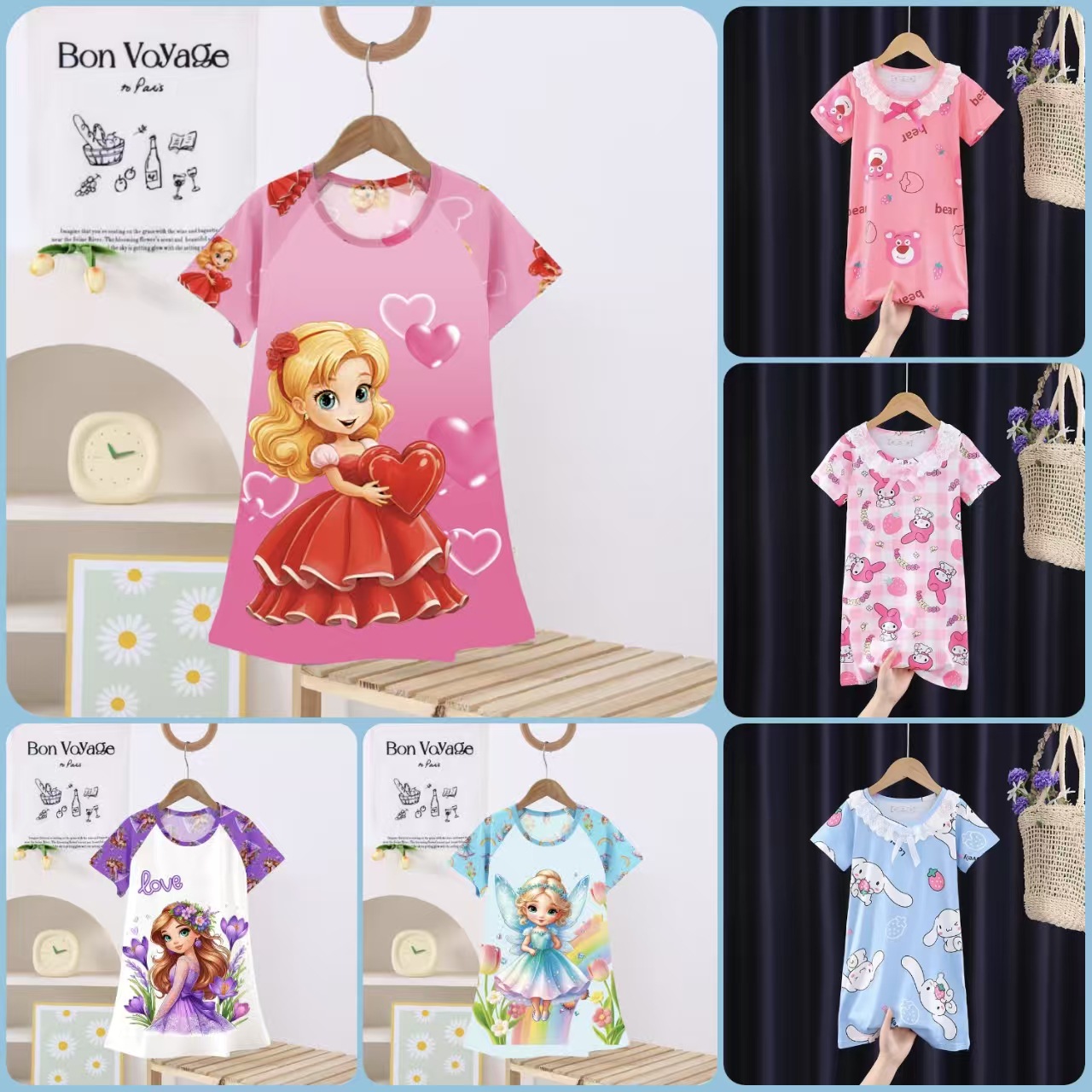 Wholesale children's sleepwear, women's summer girls' princess style short sleeved sleeping dress, cartoon ice and snow thin Leti dress
