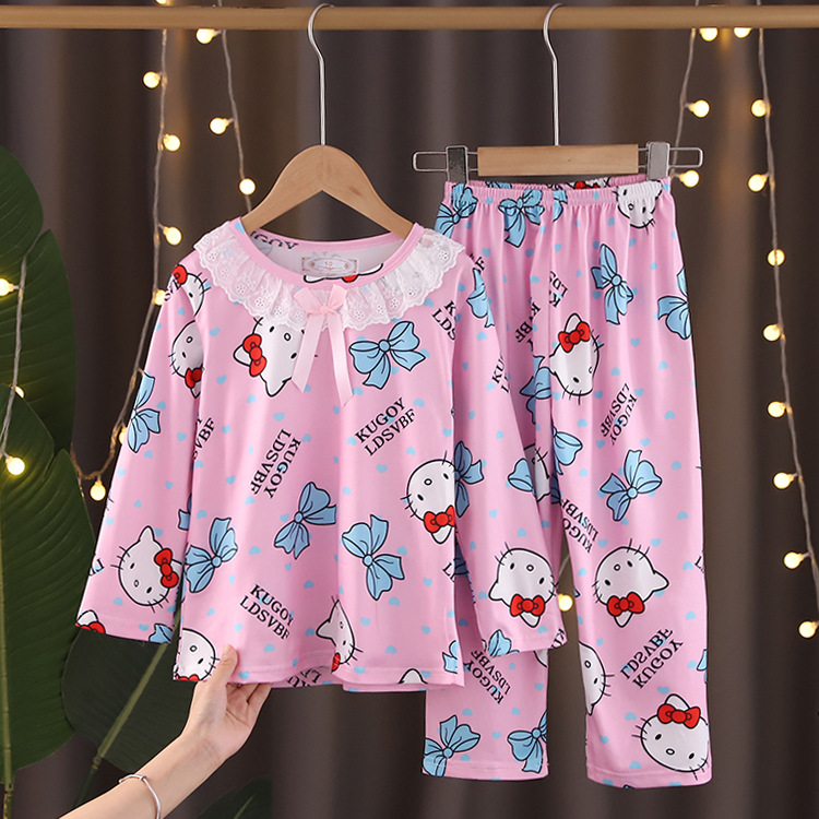 Children's sleepwear for girls in spring and autumn, long sleeved cartoon KT cat set for girls, princess thin home clothing wholesale