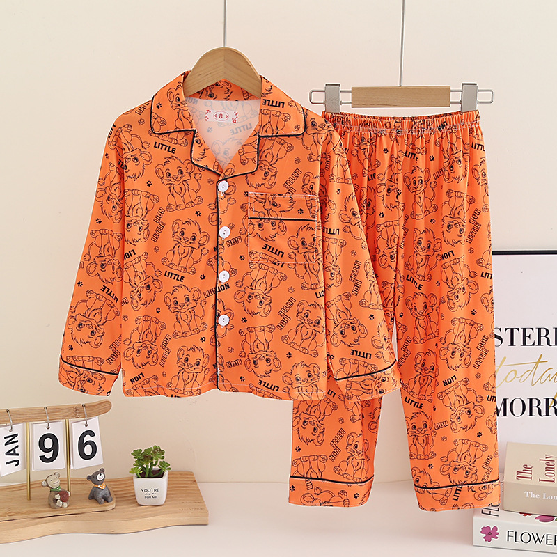 Wholesale children's sleepwear, spring and autumn boys' long sleeved pants set, girls' cartoon cute lapel cardigan home clothes