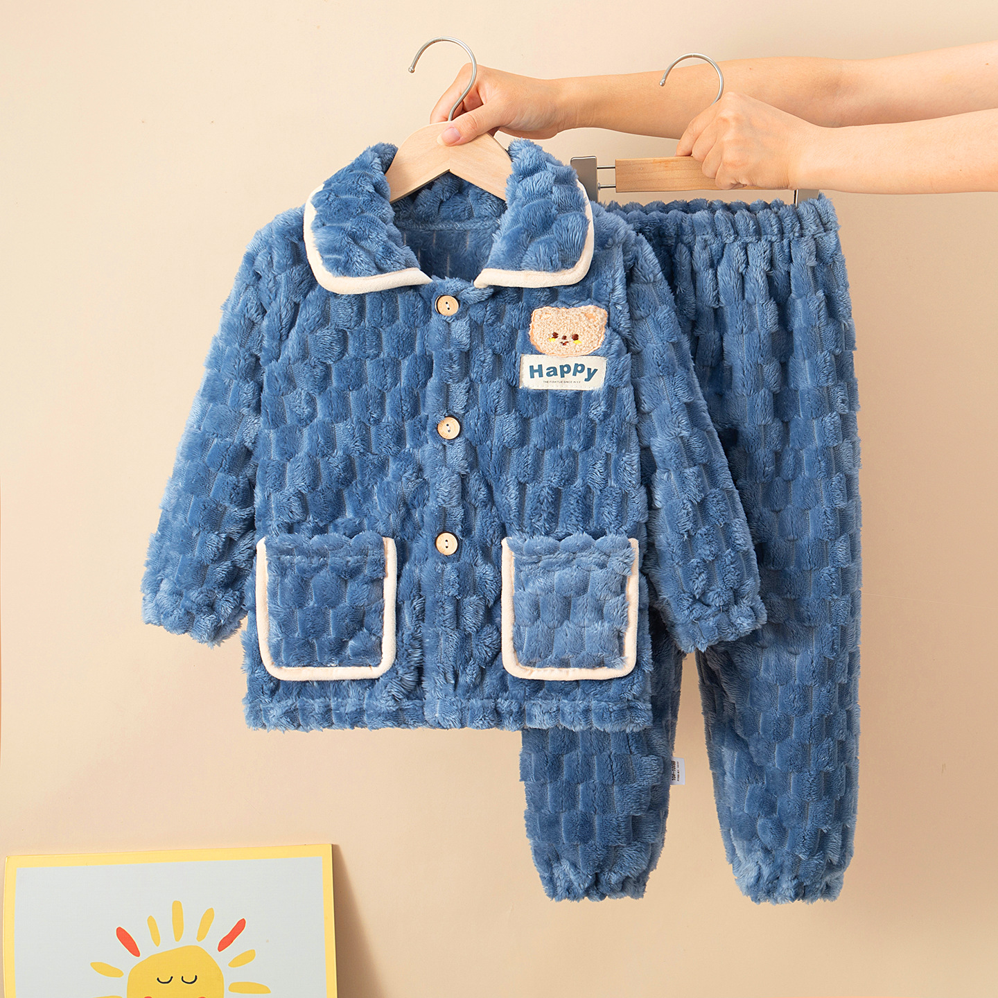 Children's flannel spring and autumn pajamas, girls' and boys' coral fleece sets, boys' and girls', students' and teenagers' home clothes