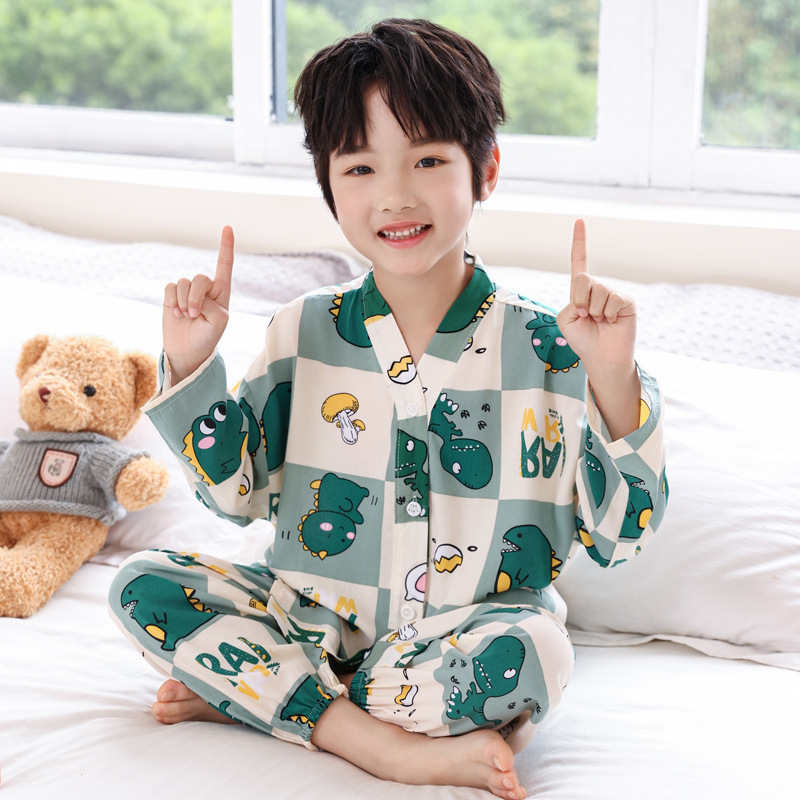 Summer children's cotton and silk pajamas set, boys' and girls' cardigans, boys' and girls' baby thin cotton and silk home clothes