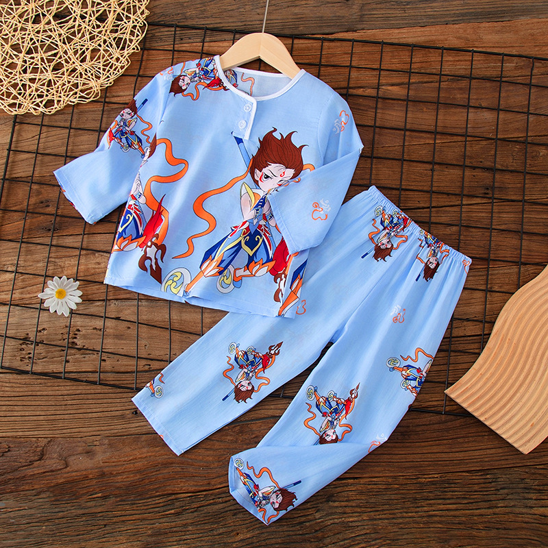 Summer children's cotton silk pajamas for little boys and babies, thin Nezha Ao Bing air conditioning home clothes, boys' cartoon set