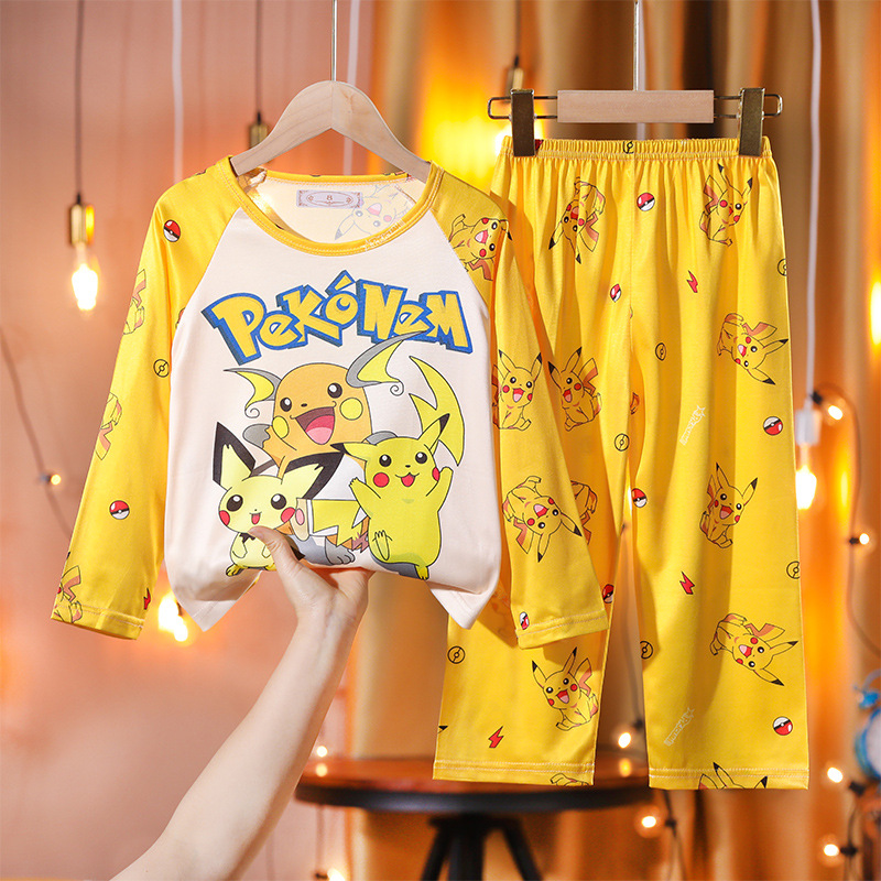 Cross border wholesale children's sleepwear, men's, medium and large children's long sleeved set, Pikachu cartoon girl baby casual home clothes