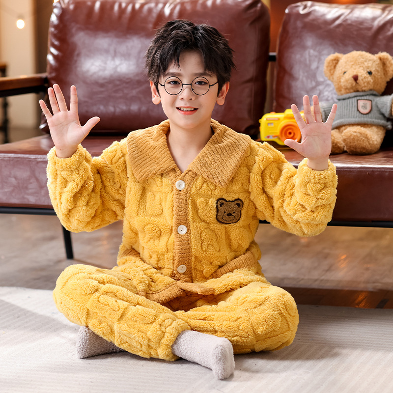 Children's Coral Velvet Pajama Set, Boys' and Girls' Baby Flannel Home Clothes, Medium and Large Children's Winter Edition, Thickened and Warm