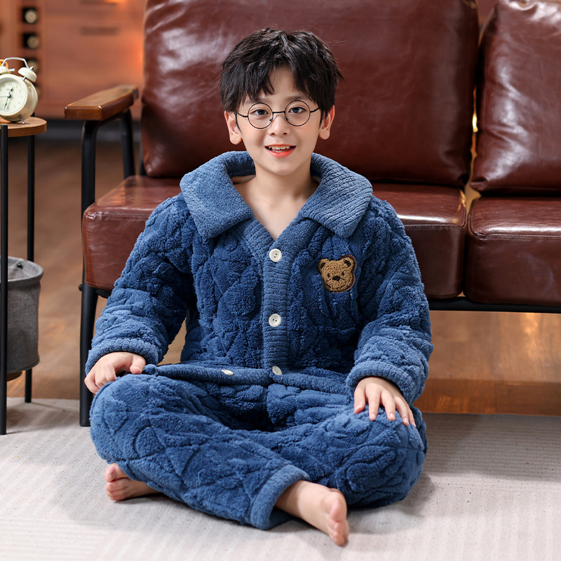 Winter children's flannel pajamas, girls' thick three-layer cotton jacket, boys' medium and large children's coral fleece home clothes
