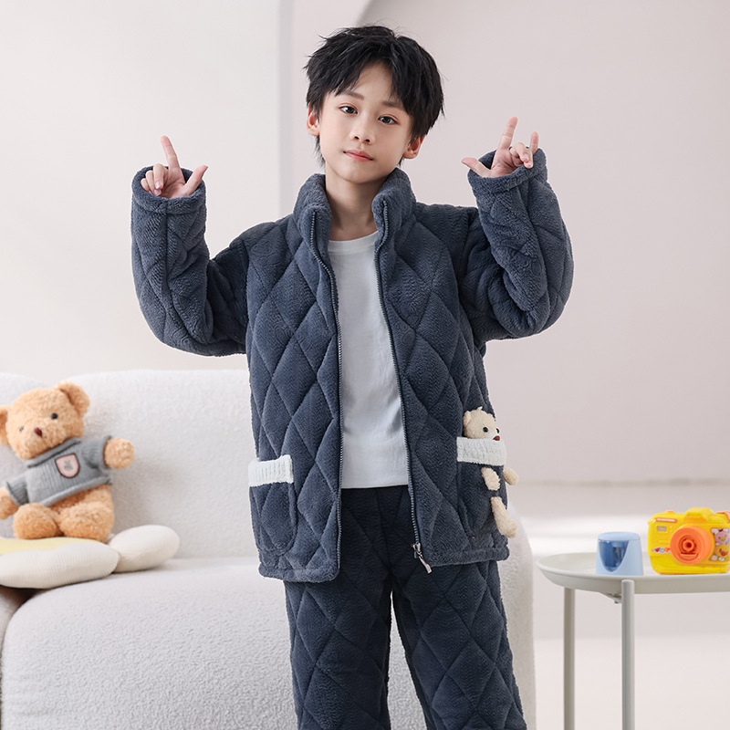 Winter children's flannel pajamas, girls' three-layer cotton jacket, boys' thick coral fleece baby home suit set